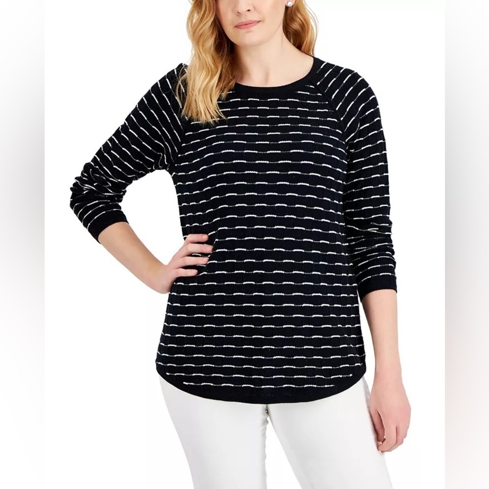 Karen Scott White & Black Stripped 100% Cotton Light Sweater Women’s Size Medium